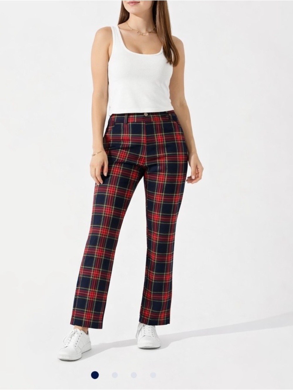 Zara Navy and Red Plaid Straight-Leg Pant Size Small